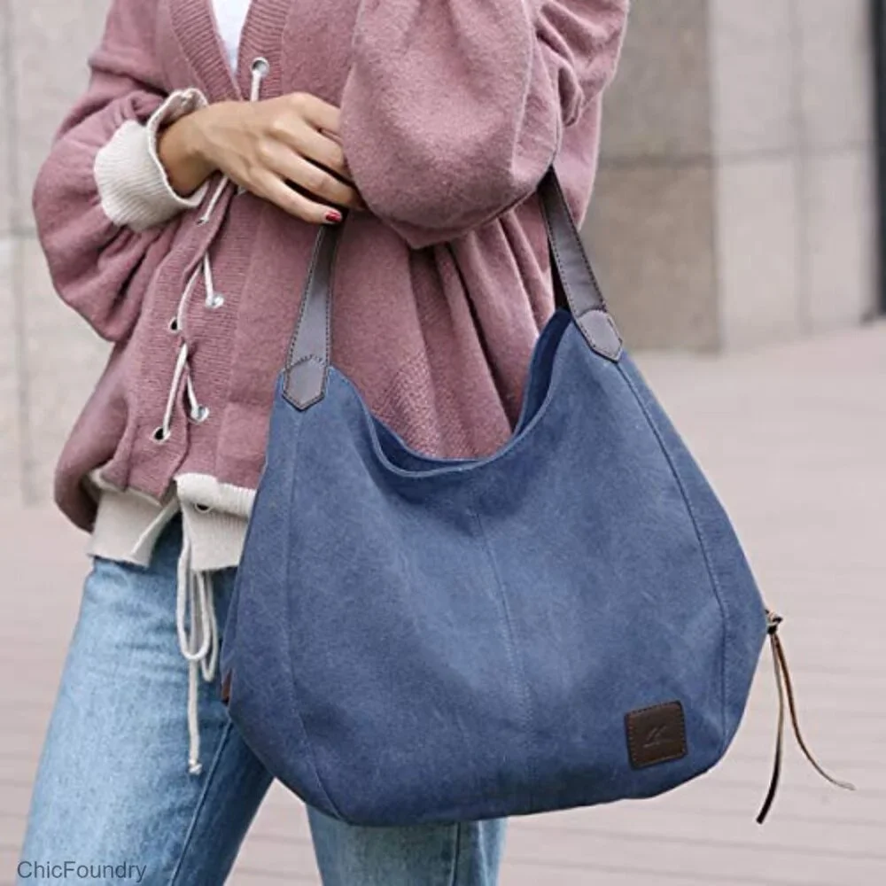 Multi-Pocket Canvas Shoulder Bag Tote Purse with Magnetic Snap Closure